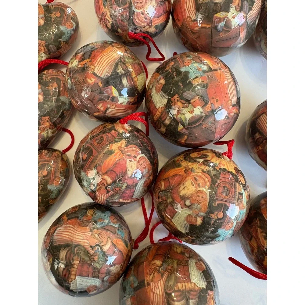 Vintage Decoupage Santa Toy Christmas Ornaments 20 ct Various Sizes Heart & Ball